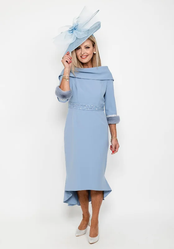 Gabriela Sanchez Detailed Fishtail Midi Dress, Dusty Blue Elegant Maxi-Midi Hybrid Dress