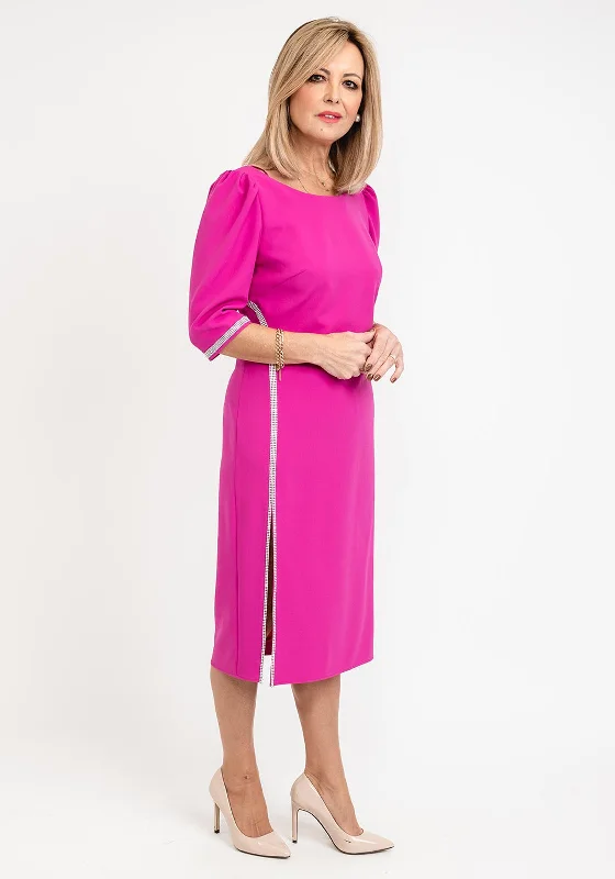 Gabriela Sanchez Crystal Detail Midi Dress, Fuchsia Fashionable High-Neck Midi Dress