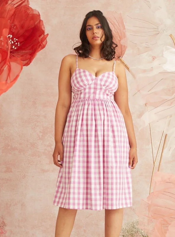 Georgie Pink Gingham Strappy Midi Dress Stylish Cold Shoulder Midi Dress