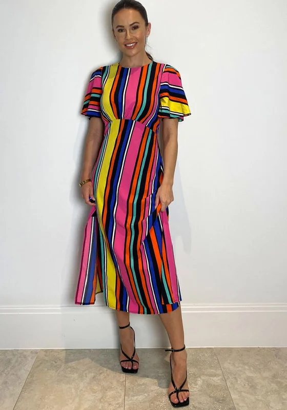 Girl In Mind Britney Colour Block Striped Midi Dress, Multi Trendy Tiered Hem Midi Dress