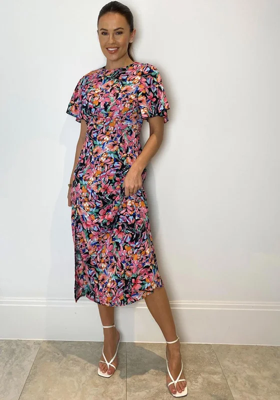 Girl In Mind Britney Floral Print Split Leg Midi Dress, Pink Multi Stylish Off-Shoulder Ruffle Dress