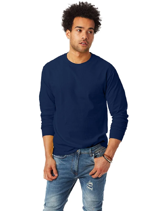 Hanes Tagless ComfortSoft Long Sleeve T-Shirt | Navy Faux Fur Fabric Real Fur Fabric Shearling Fabric