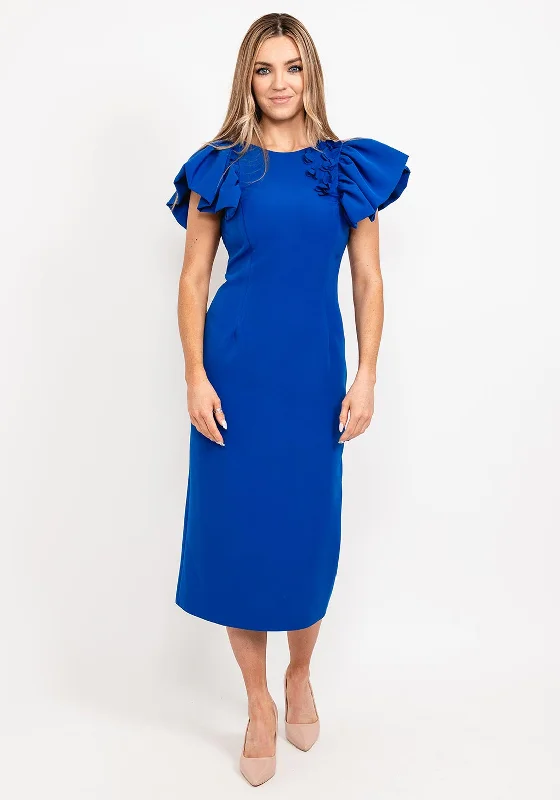 Herysa Puff Frill Shoulder Midi Dress, Royal Blue Elegant Lace Trim Midi Dress