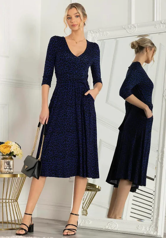 Jolie Moi Delylah Leopard V Neck Midi Dress, Blue Fashionable Fitted Midi Dress