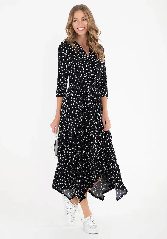 Jolie Moi Dotty Handkerchief Skirt Midi Dress, Black & White Fashionable Polka Dot Midi Dress