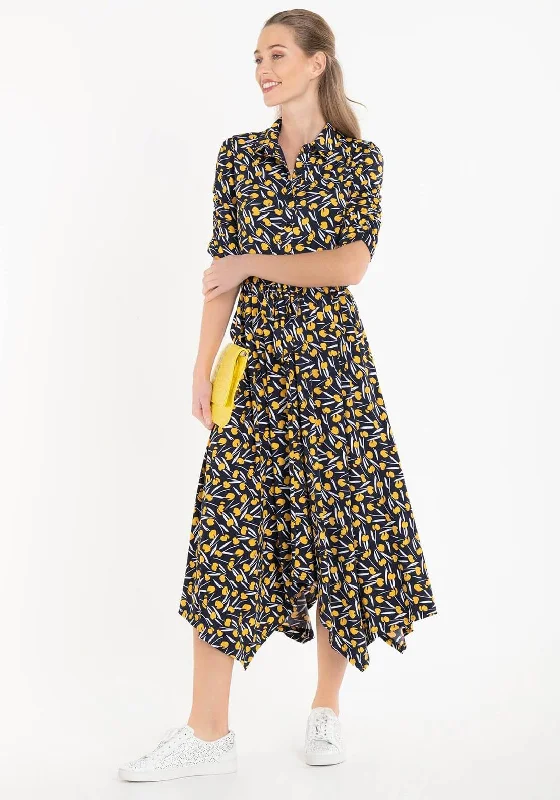 Jolie Moi Handkerchief Skirt Shirt Midi Dress, Yellow Multi Comfortable Denim Midi Dress