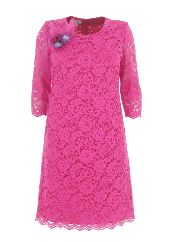 Jomhoy Dorotea Lace Midi Dress, Hot Pink Fashionable Floral Embroidery Midi Dress