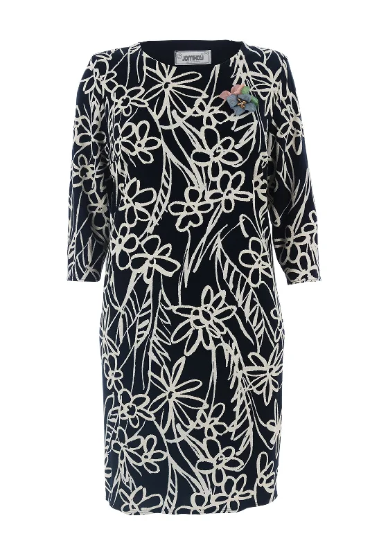 Jomhoy Libia Floral Midi Dress, Navy & Cream Elegant Faux Wrap Midi Dress