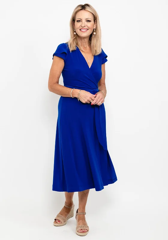 Joseph Ribkoff Wrap A-Line Midi Dress, Royal Blue Stylish Color Block Midi Dress