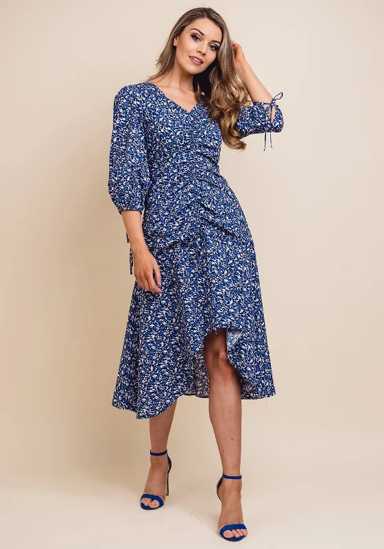 Jovonna Floral Ruched Midi Dress, Blue Trendy A-Line Midi Dress