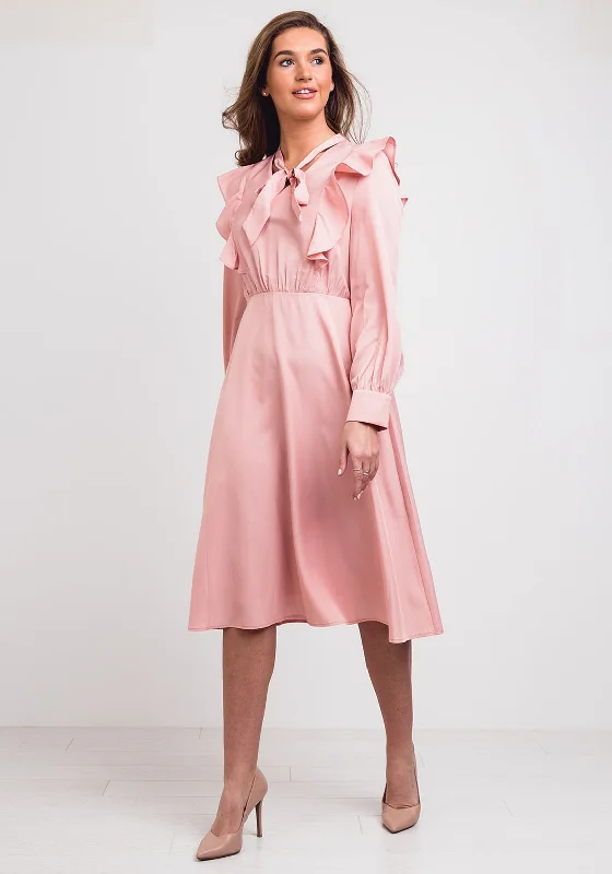 Jovonna Frill Trim A-Line Midi Dress, Pink Cozy Wide Strap Midi Dress