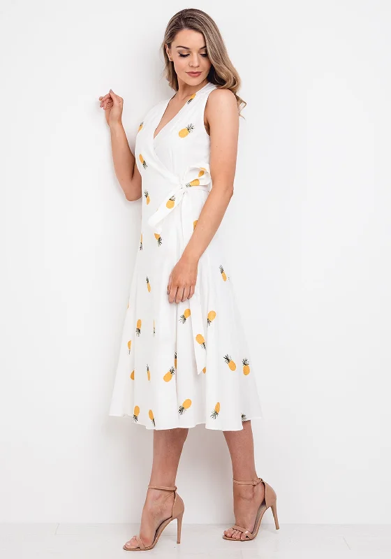 Jovonna Pineapple Print Wrap Midi Dress, White Elegant V-Neck Midi Dress