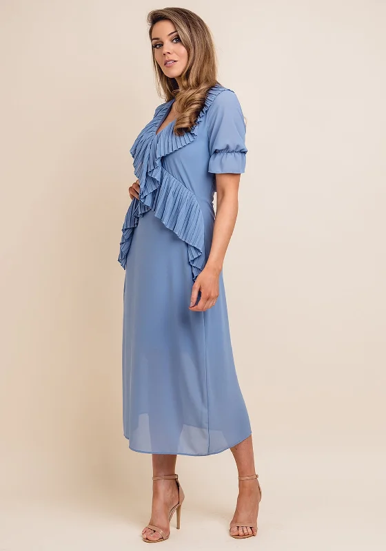 Jovonna Pleated Trim Open Back Midi Dress, Blue Fashionable Pleated Midi Dress