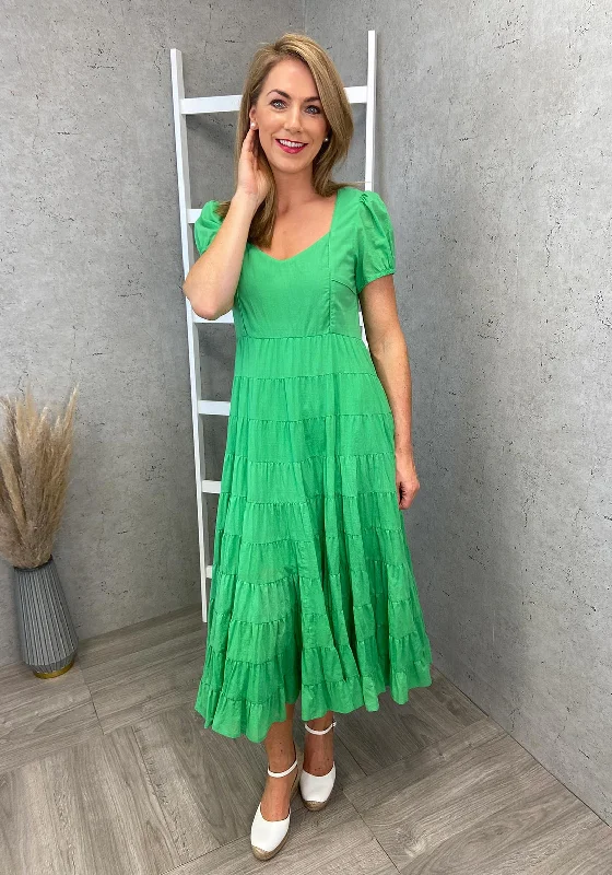 Jovonna Rina Tiered Midi Dress, Green Elegant Satin Midi Dress