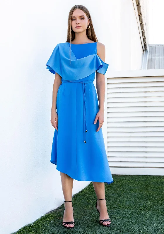 Kameya Asymmetric Cut Midi Dress, Azure Blue Stylish Silk Midi Dress