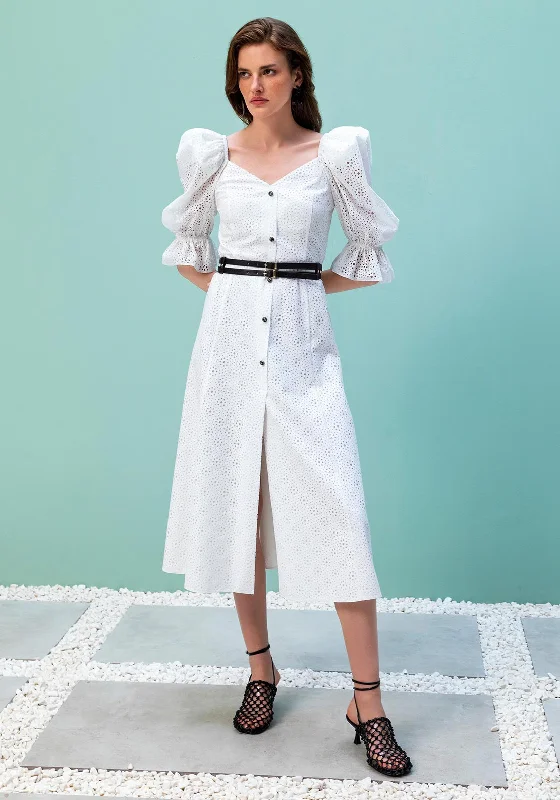 Kameya Embroidered Midi Dress, White Trendy Ruffled Sleeve Midi Dress