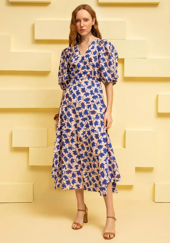 Kameya Floral A Line Midi Dress, Blue Multi Trendy Smocked Waist Midi Dress