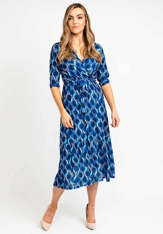 Kate & Pippa Boho Printed Midi Dress, Blue Elegant Lace Trim Midi Dress