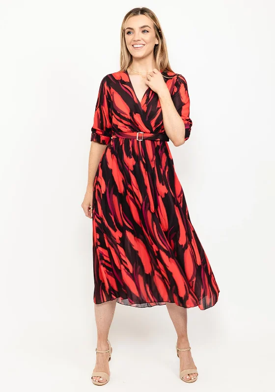 Kate & Pippa Positano Print Midi Dress, Black & Red Trendy Ruffled Sleeve Midi Dress