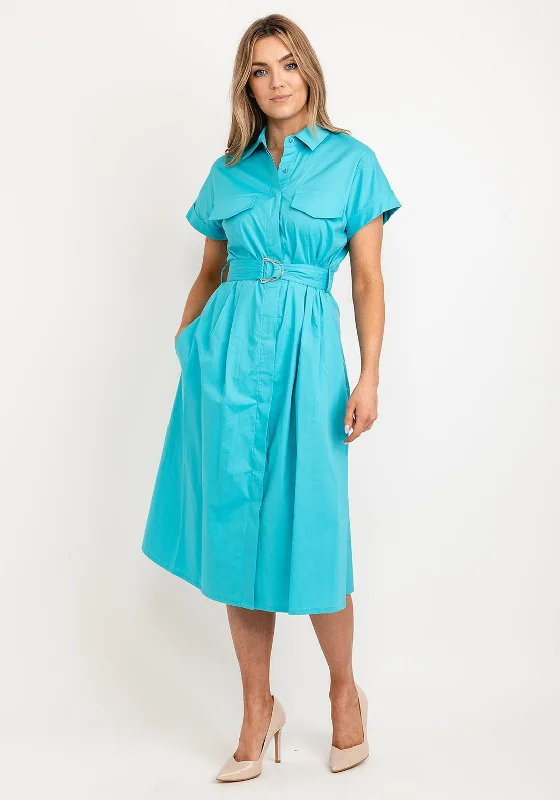 Kate Cooper Belted Shirt Midi Dress, Blue Elegant Satin Button Midi Dress