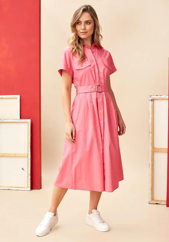 Kate Cooper Belted Shirt Midi Dress, Pink Stylish Silk Midi Dress