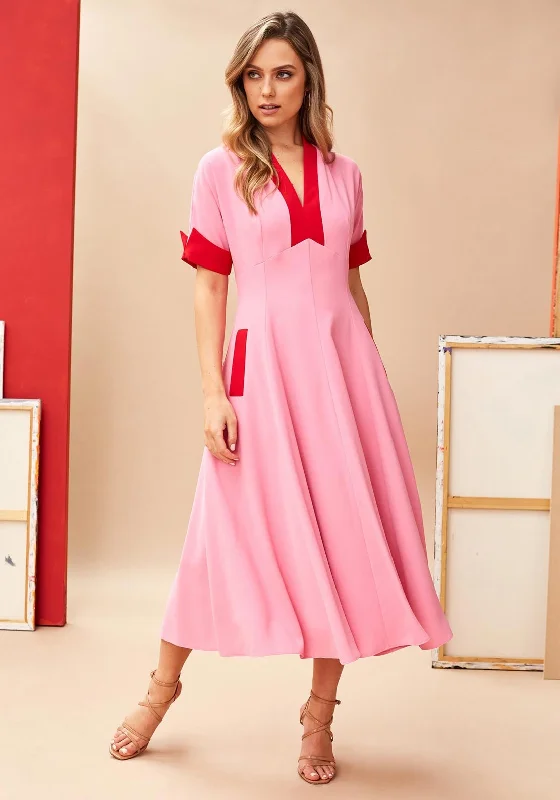 Kate Cooper Contrast A-Line Midi Dress, Pink & Red Fashionable High-Neck Midi Dress