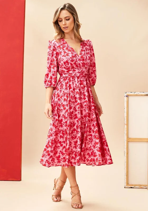 Kate Cooper Floral Banded Waist Midi Dress, Pink & Red Fashionable Plaid Midi Dress