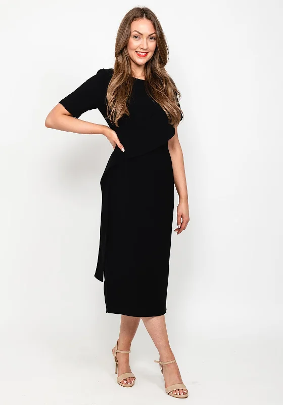 Kate Cooper Draped Shoulder Midi Dress, Black Stylish Animal Print Midi Dress