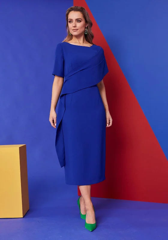 Kate Cooper Draped Shoulder Midi Dress, Royal Blue Fashionable Off-Shoulder Dress Midi