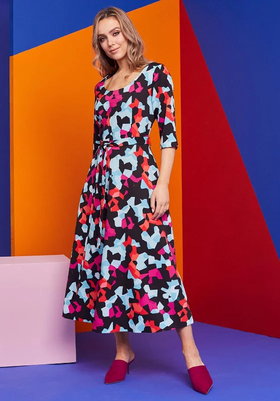 Kate Cooper Geo Print Belted Midi Dress, Multi Fashionable One-Shoulder Midi Dress