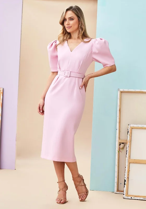 Kate Cooper Puff Sleeve Midi Dress, Baby Pink Stylish Wraparound Midi Dress