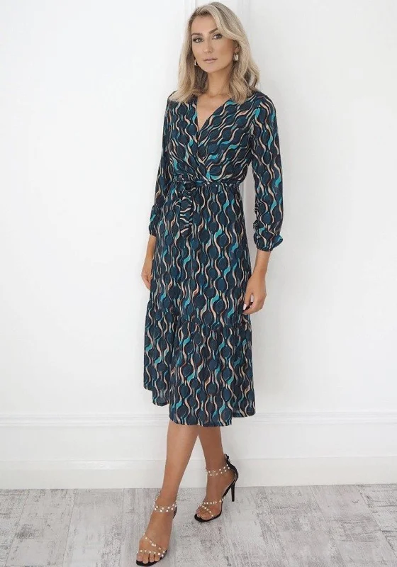 Kate & Pippa Abstract Pattern Print Wrap Midi Dress, Teal Multi Stylish Silk Midi Dress