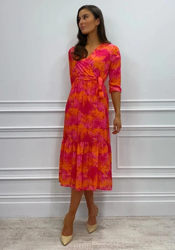 Kate & Pippa Boho Panel End Printed Midi Dress, Pink & Orange Comfortable Short Sleeve Midi Dress