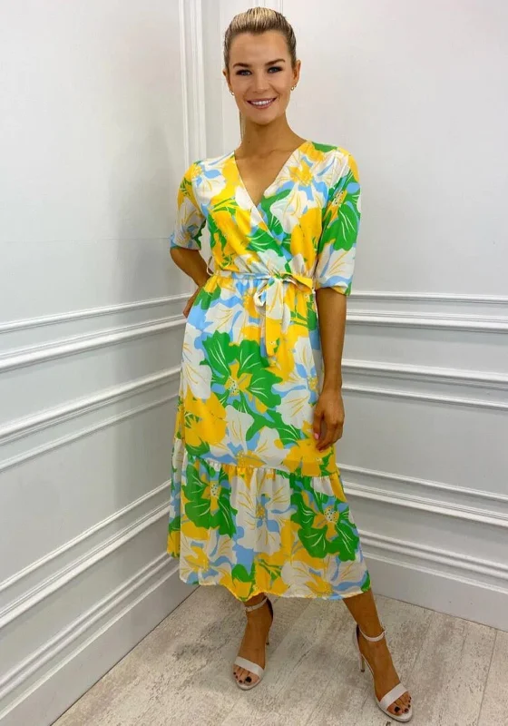 Kate & Pippa Boho Panel End Printed Midi Dress, Yellow & Green Stylish Vintage Midi Dress