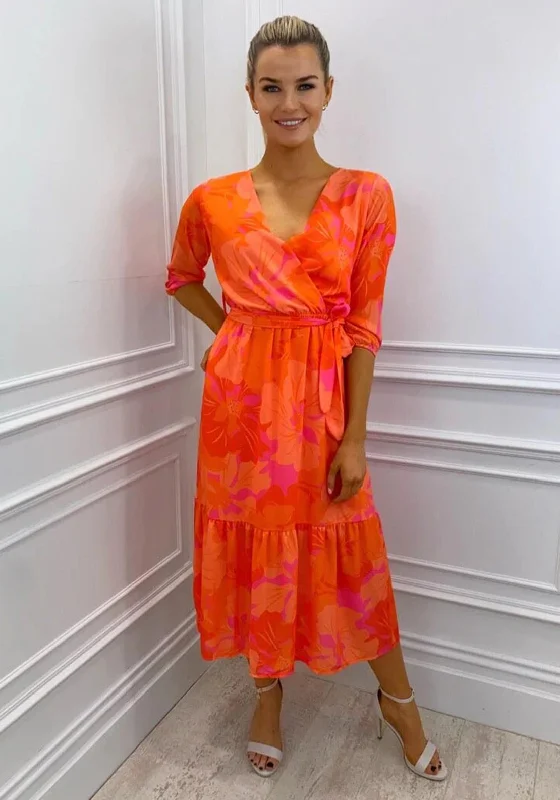 Kate & Pippa Boho Tropical Print Midi Dress, Orange & Pink Comfortable Empire Waist Midi Dress