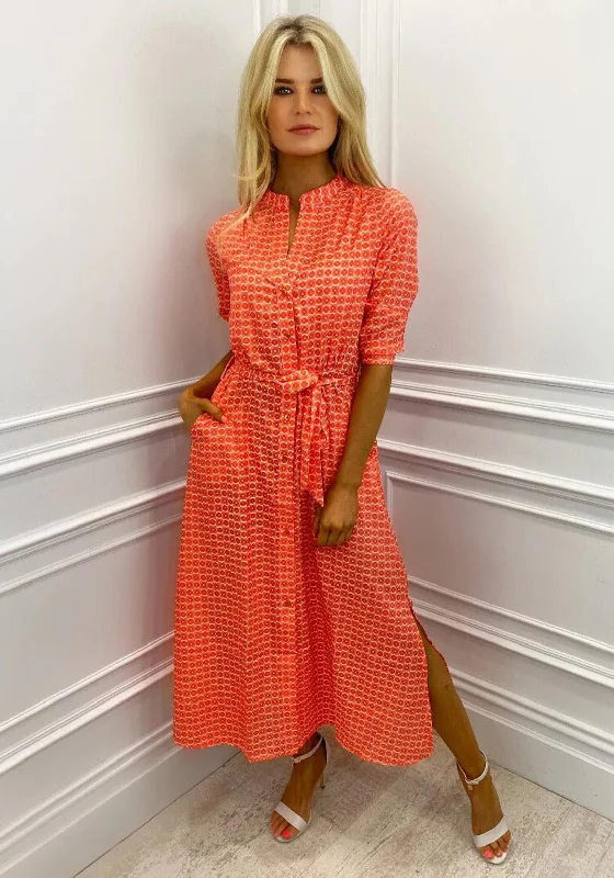 Kate & Pippa Capri Geometric Dot Print Midi Dress, Orange Trendy A-Line Midi Dress