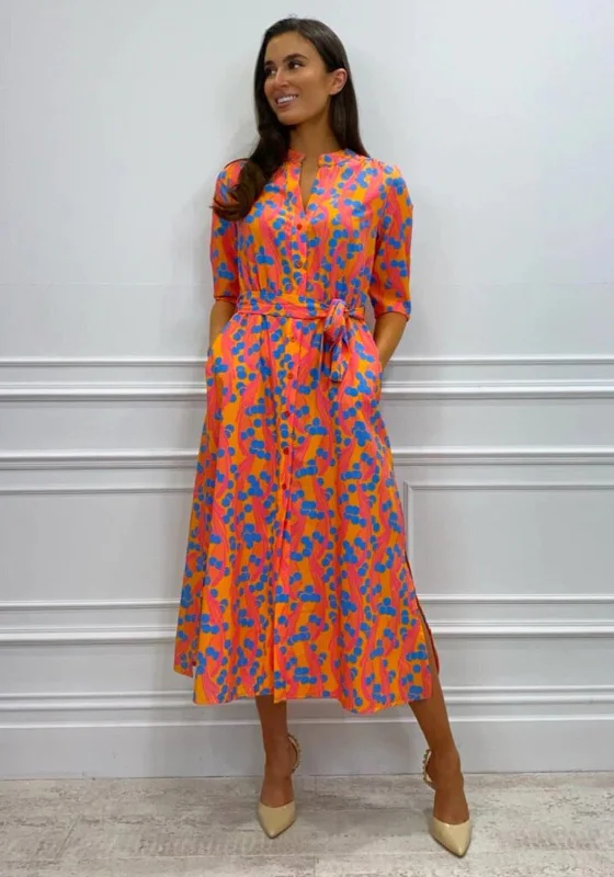 Kate & Pippa Capri Swirl Dot Print Midi Dress, Orange Azure Trendy Flared Sleeve Midi Dress