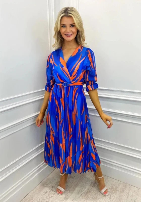 Kate & Pippa Positano Print Midi Dress, Blue & Orange Stylish Striped Midi Dress