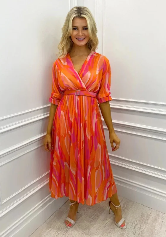 Kate & Pippa Positano Print Midi Dress, Orange & Pink Comfortable Fit-and-Flare Midi Dress