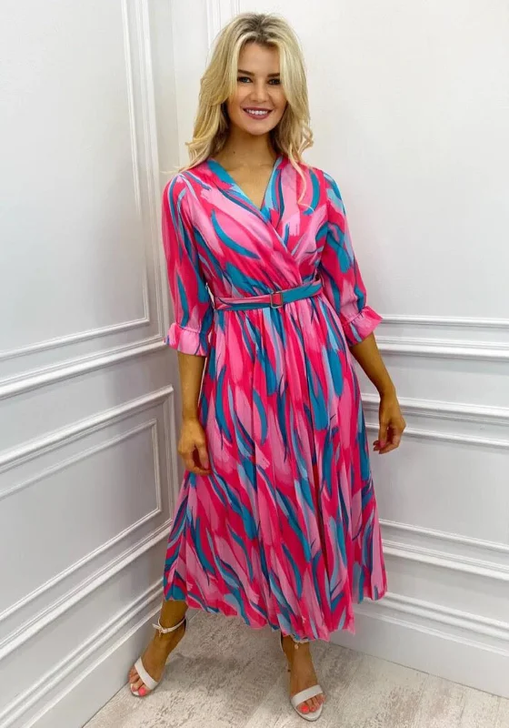 Kate & Pippa Positano Print Midi Dress, Pink & Aqua Comfortable Wrap Midi Dress