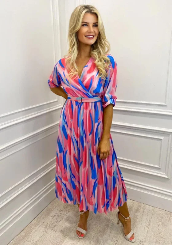 Kate & Pippa Positano Print Midi Dress, Pink & White Multi Stylish Midi Dress with Cuffs