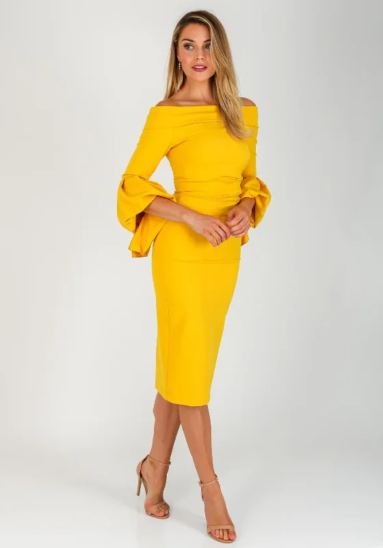 Kevan Jon Ceiba Bardot Midi Dress, Mustard Trendy Shift Midi Dress