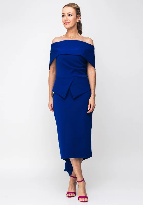 Kevan Jon Queenie Peplum Midi Dress, Cobalt Blue Elegant Satin Midi Dress