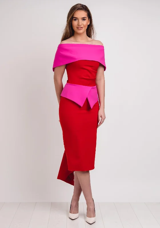 Kevan Jon Queenie Peplum Midi Dress, Red & Pink Stylish Cold Shoulder Midi Dress