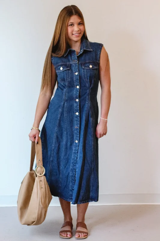 Ky Denim Sleeveless Midi Dress Fashionable One-Shoulder Midi Dress