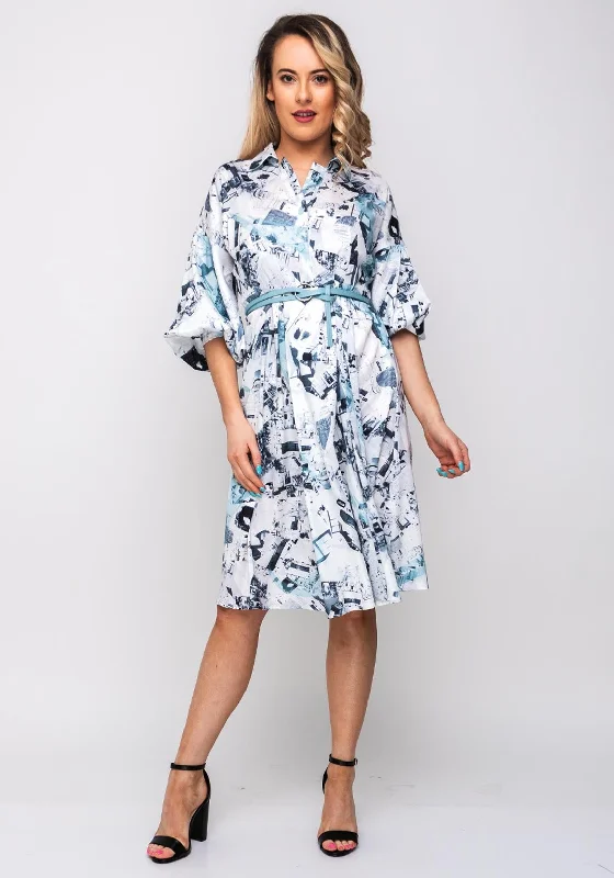 Lily Photographic Print A-Line Midi Dress, Grey Trendy Flared Sleeve Midi Dress