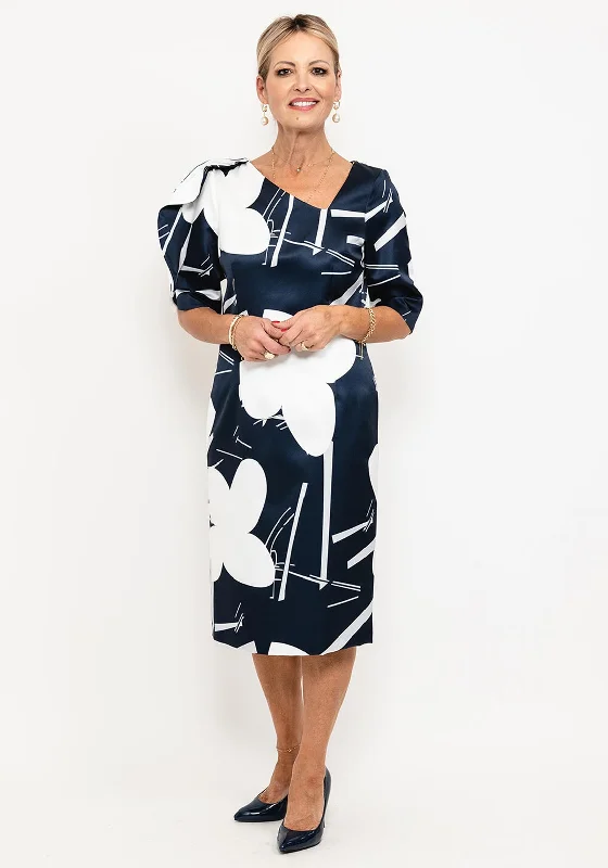 Lizabella Asymmetrical Neck Midi Dress, Navy & White Trendy Fit-and-Flare Midi Dress