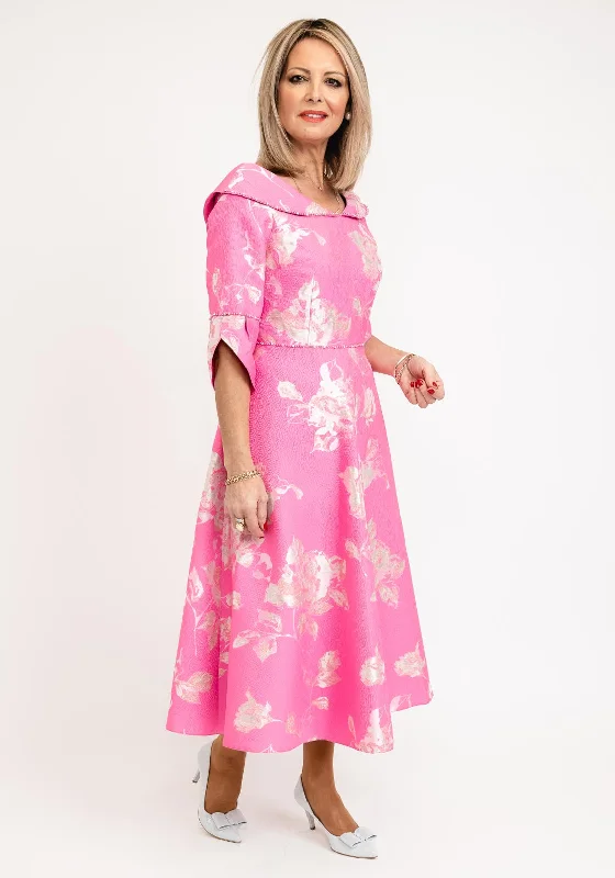 Lizabella Collared Neckline Textured Floral Midi Dress, Hot Pink Comfortable Fit-and-Flare Midi Dress