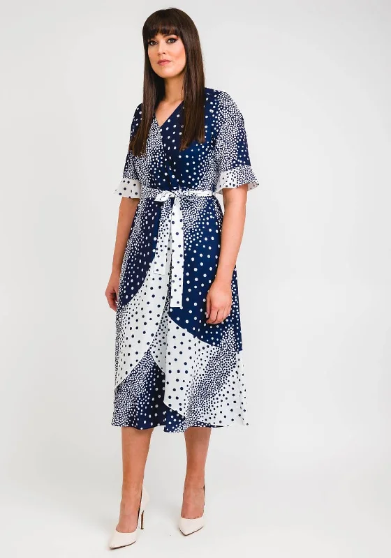 Lizabella Colour Block Polka Dot Print Wrap Midi Dress, Navy & White Fashionable High-Neck Midi Dress