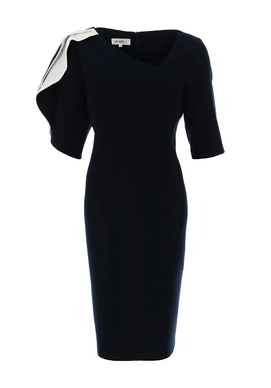 Lizabella Contrast Pleat Shoulder Midi Dress, Navy & White Stylish Off-Shoulder Ruffle Dress